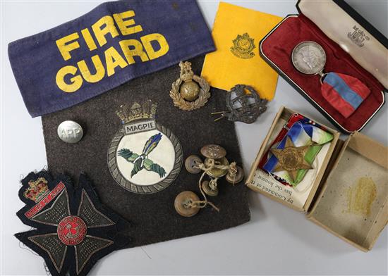 Fire Guard Arm Band World War II, Commando Badge with compass, Military buttons, Imperial Service medal in case etc